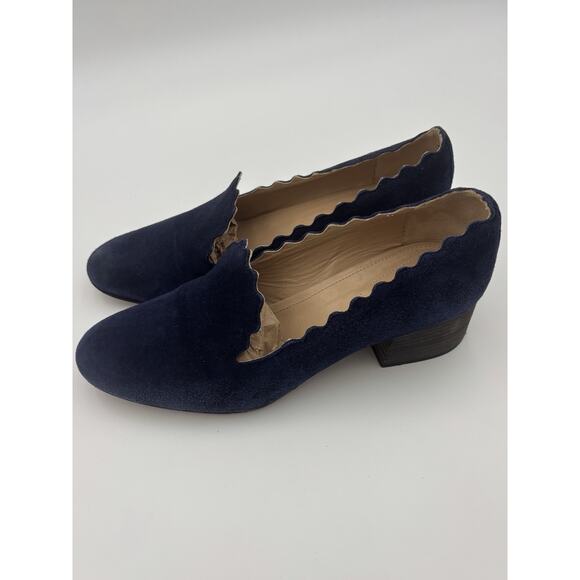 Chloé Suede Scalloped Loafers Navy Blue Suede Pumps Size 39.5 / 9.5 Block Heel - Picture 7 of 16